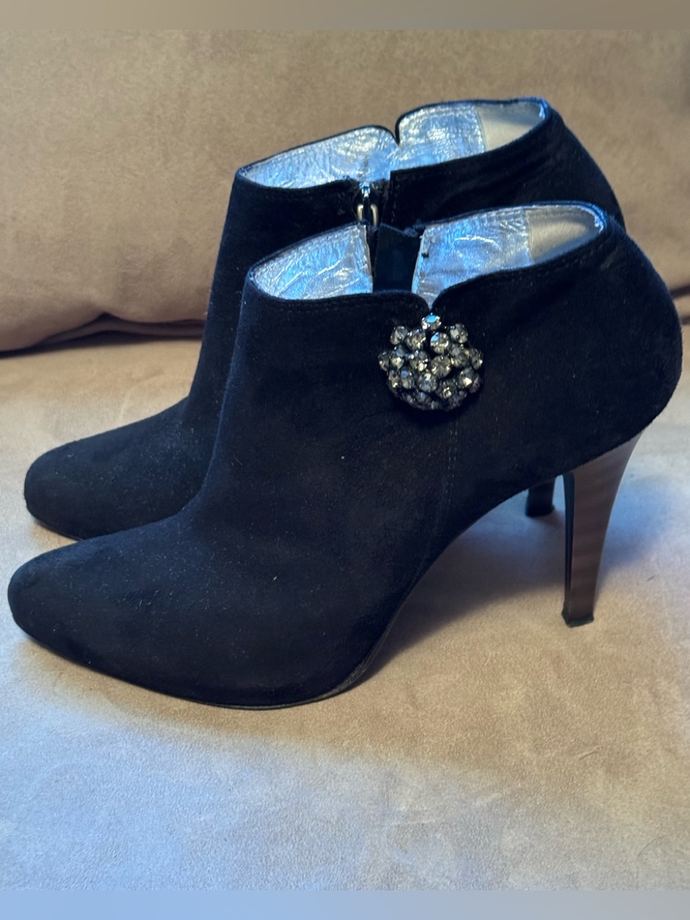 Black Suede Ankle Booties with Crystal Cluster Accent